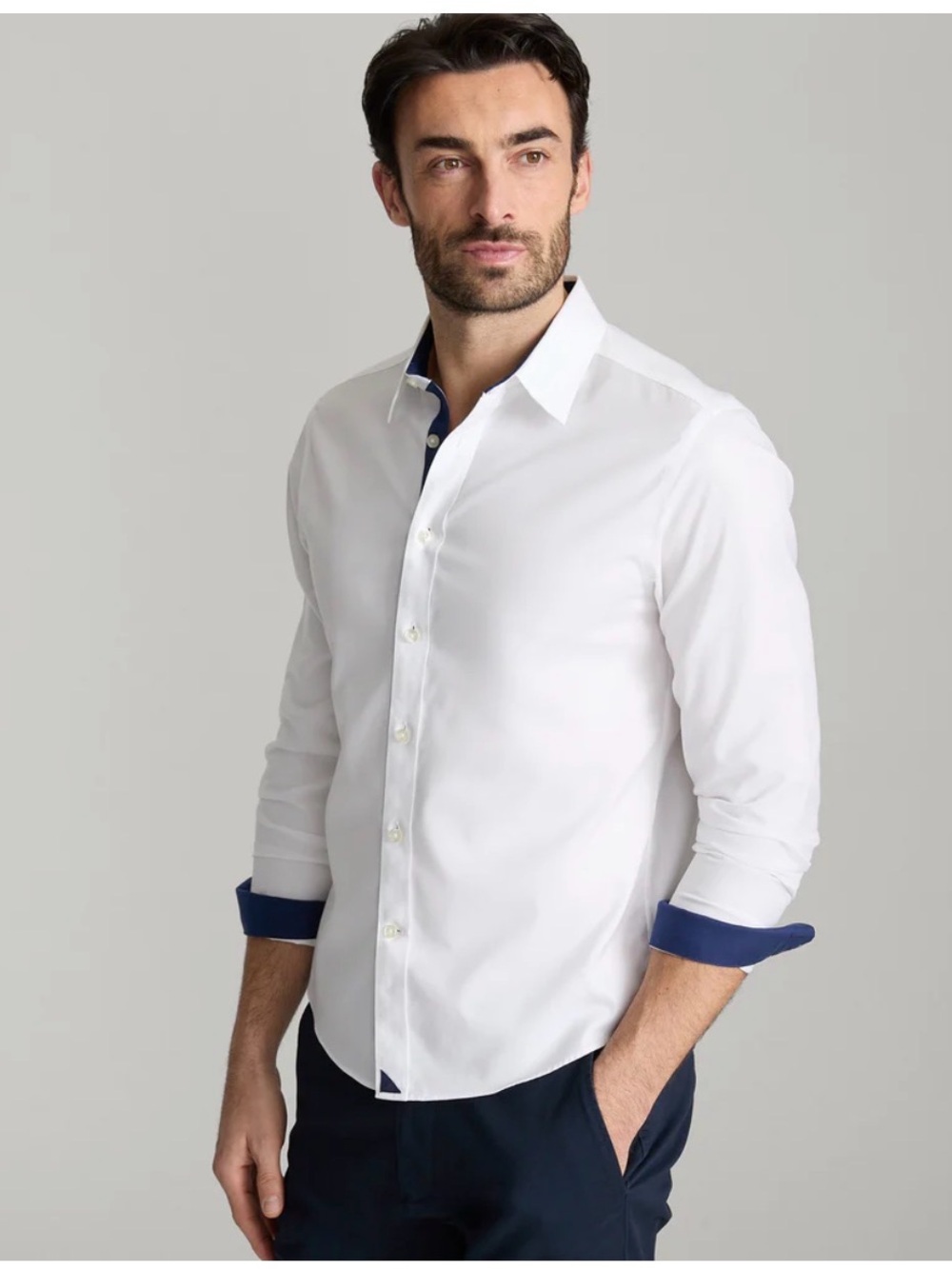 UNTUCKIT Wrinkle-Free Las Cases Shirt 100% Cotton Medium White Contrast Cuff